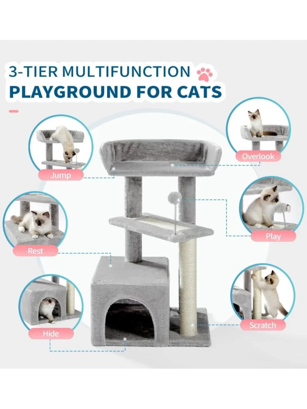 New Cat Tree Grey Carpet Tower with Scratching Post or Modern Condo for Cats